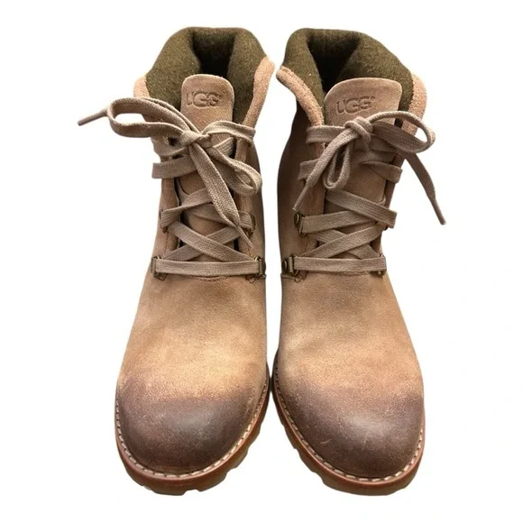 UGG Tan Heeled Lace Up Ankle Boots with Chunky Heel Rugged Sole Lined Size 8.5 - Picture 3 of 15